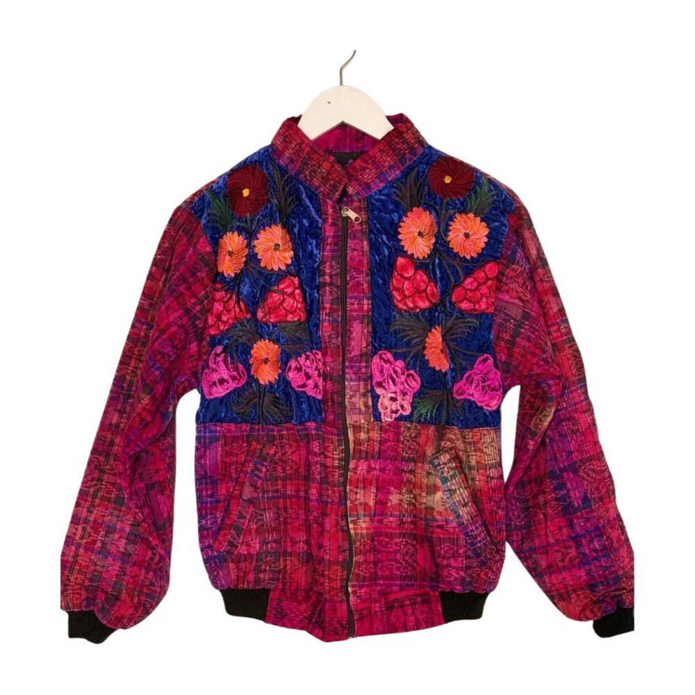 Handmade Guatemalan Embroidered Floral Bomber Jacket | 100% Cotton Plaid Woven